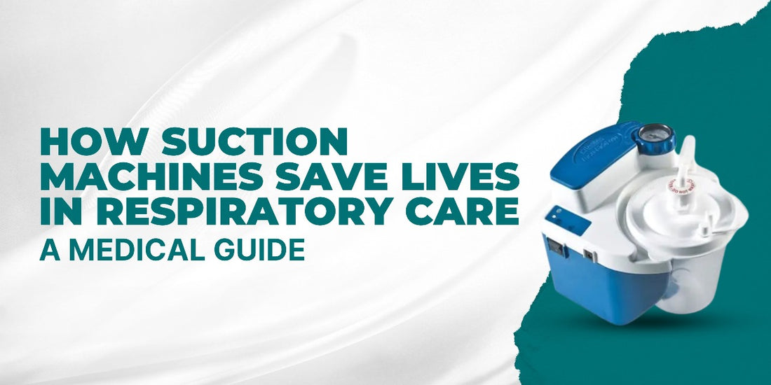 Banner titled 'How Suction Machines Save Lives in Respiratory Care,' featuring a blue and white suction machine